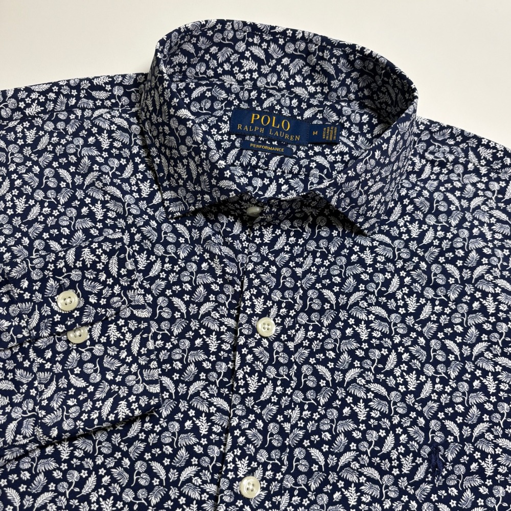 Polo Ralph Lauren Performance Mens M Blue White Floral Leaf Button Down Shirt